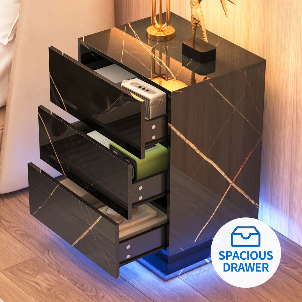 Set of 2 LED Nightstand with Drawer, Marble Black O173319