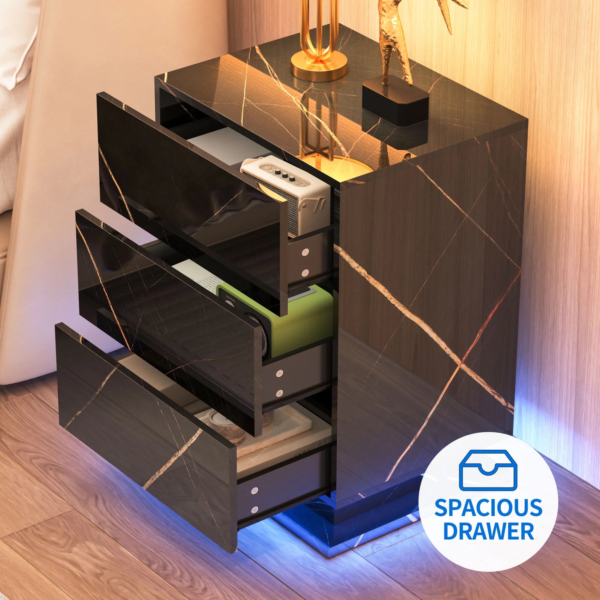 Set of 2 LED Nightstand with Drawer, Marble Black O173319