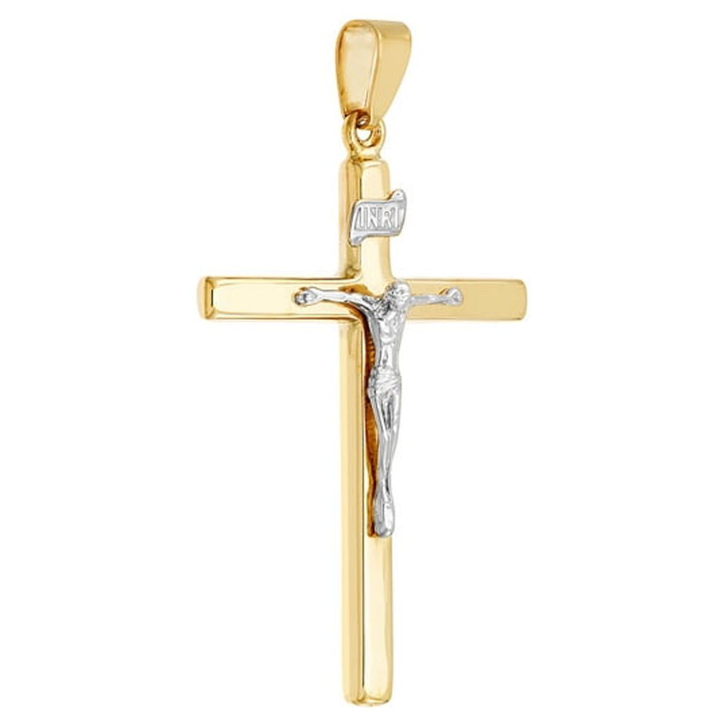 14k Yellow and White Gold Square Tube Cross Pendant Necklace J8837