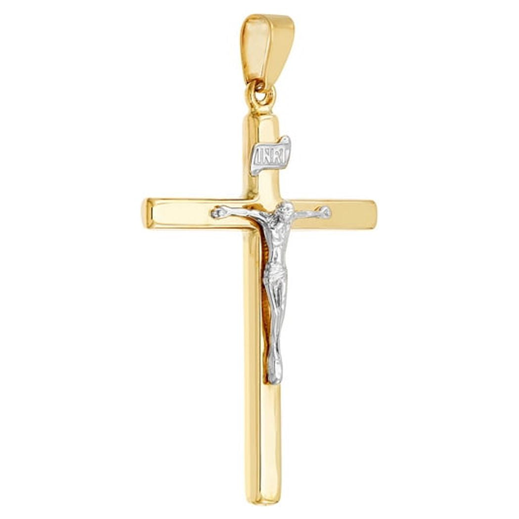 14k Yellow and White Gold Square Tube Cross Pendant Necklace J8837