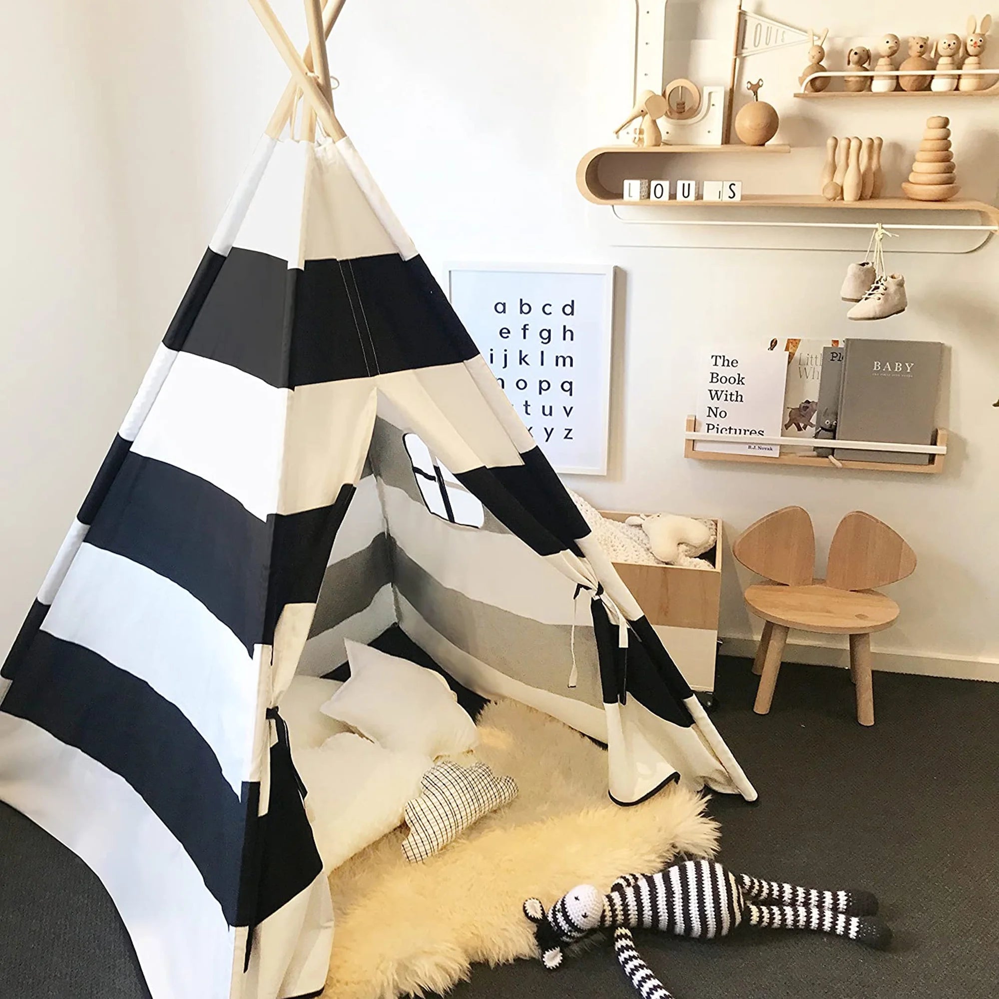 Black White Striped Kids Teepee Canvas Tent Playhouse F331388