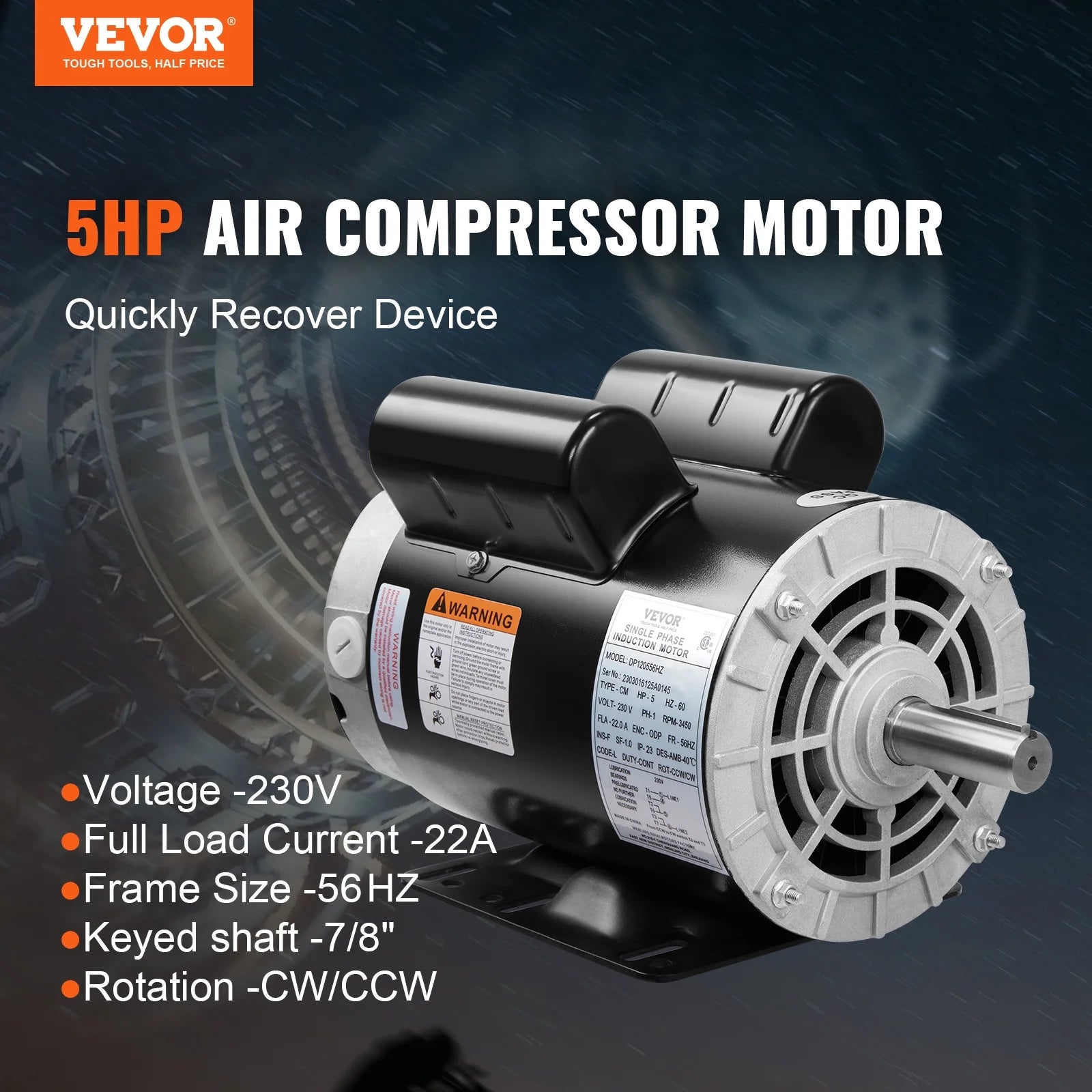 5HP 230V 22 Amps 3450RPM Air Compressor Electric Motor G71065
