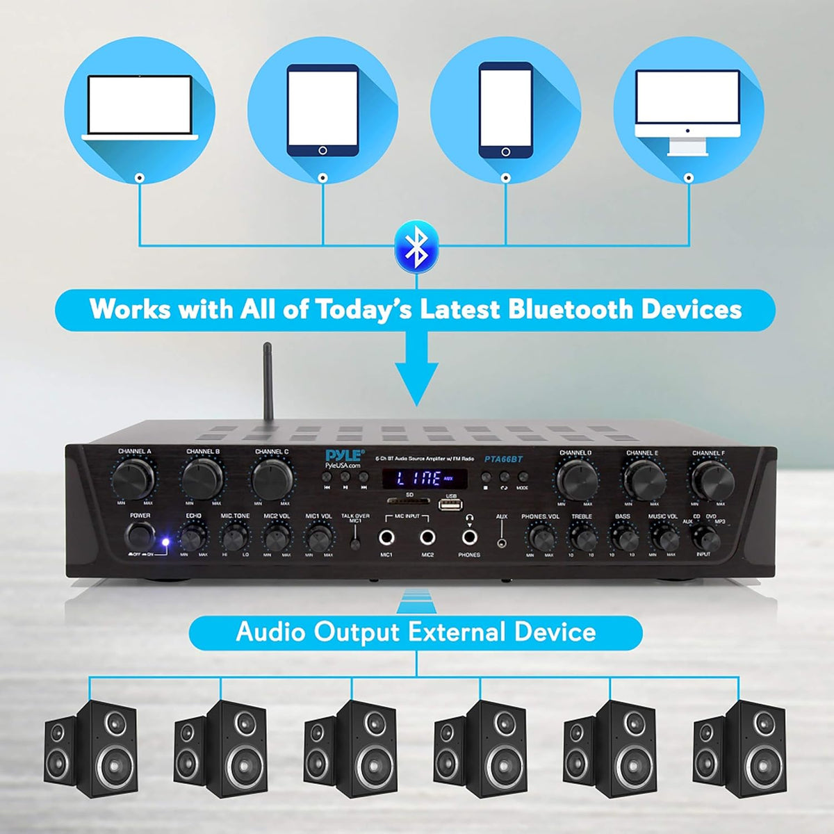 6 Channel 600 Watt Bluetooth Stereo Receiver Amplifier with Digital LCD X9270