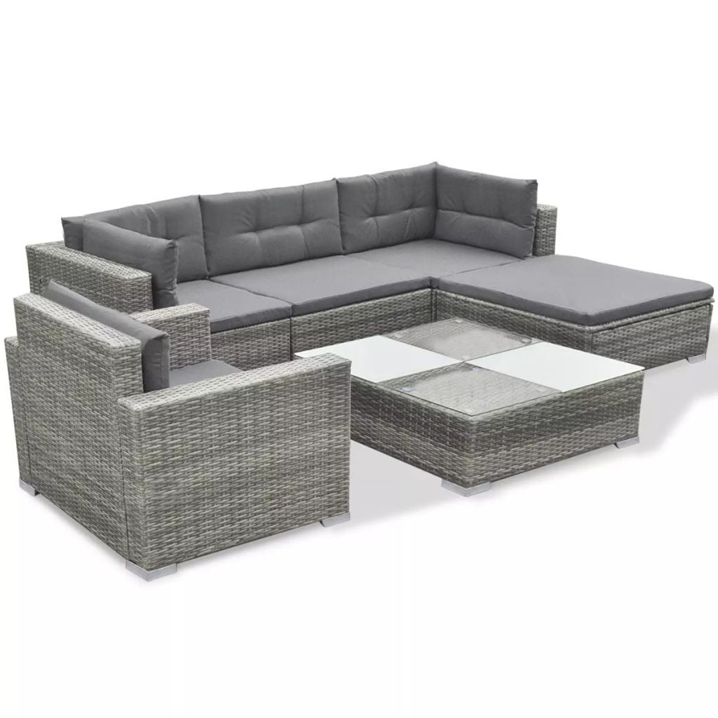 6 PCS Rattan Patio Sectional Sofa Set with Cushions Ottoman and Coffee Table (Grey) T7456