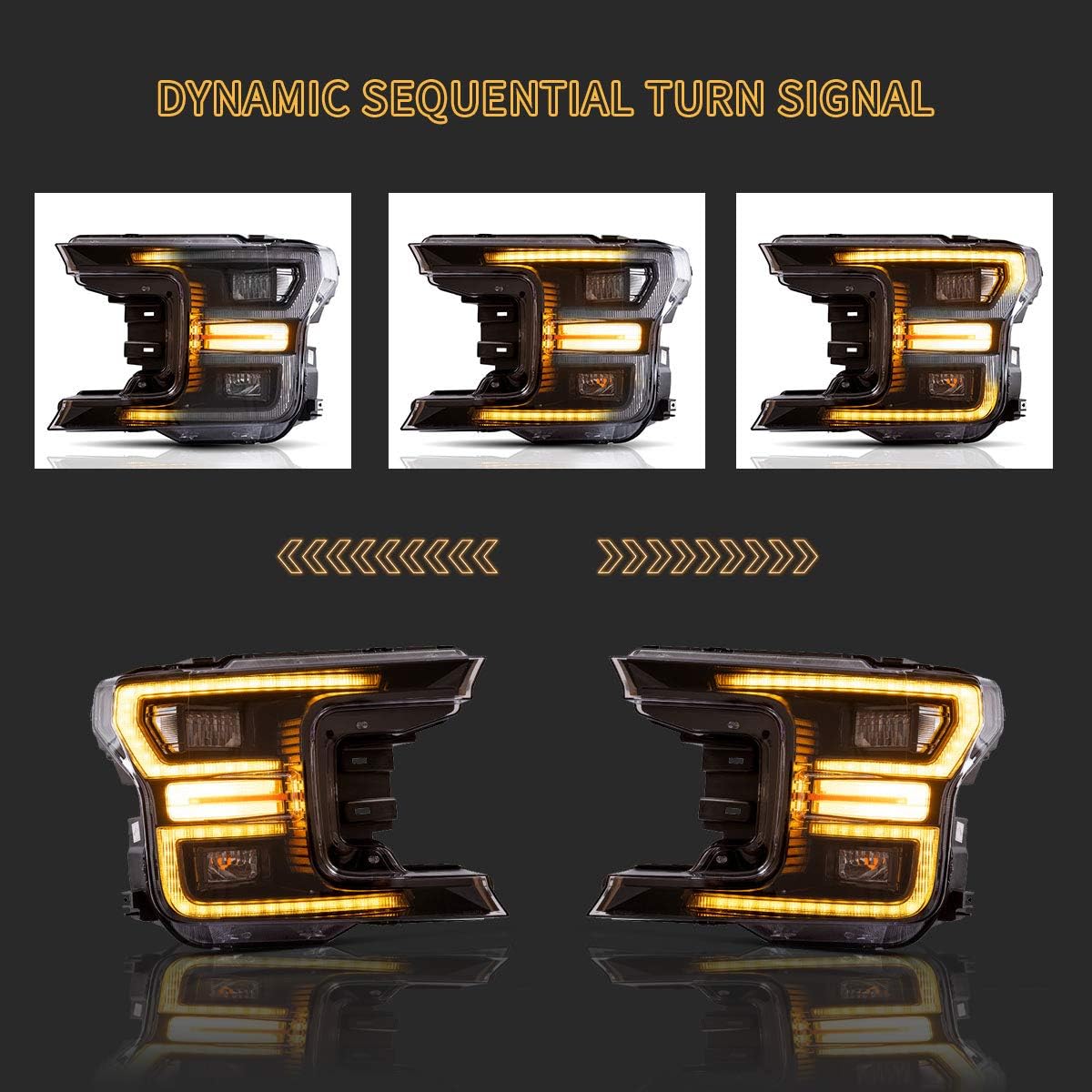 LED Projector Headlights and Clear Tail Lights with Red Turn Signal Lights for Ford F150 2018 2019 2020 V1373