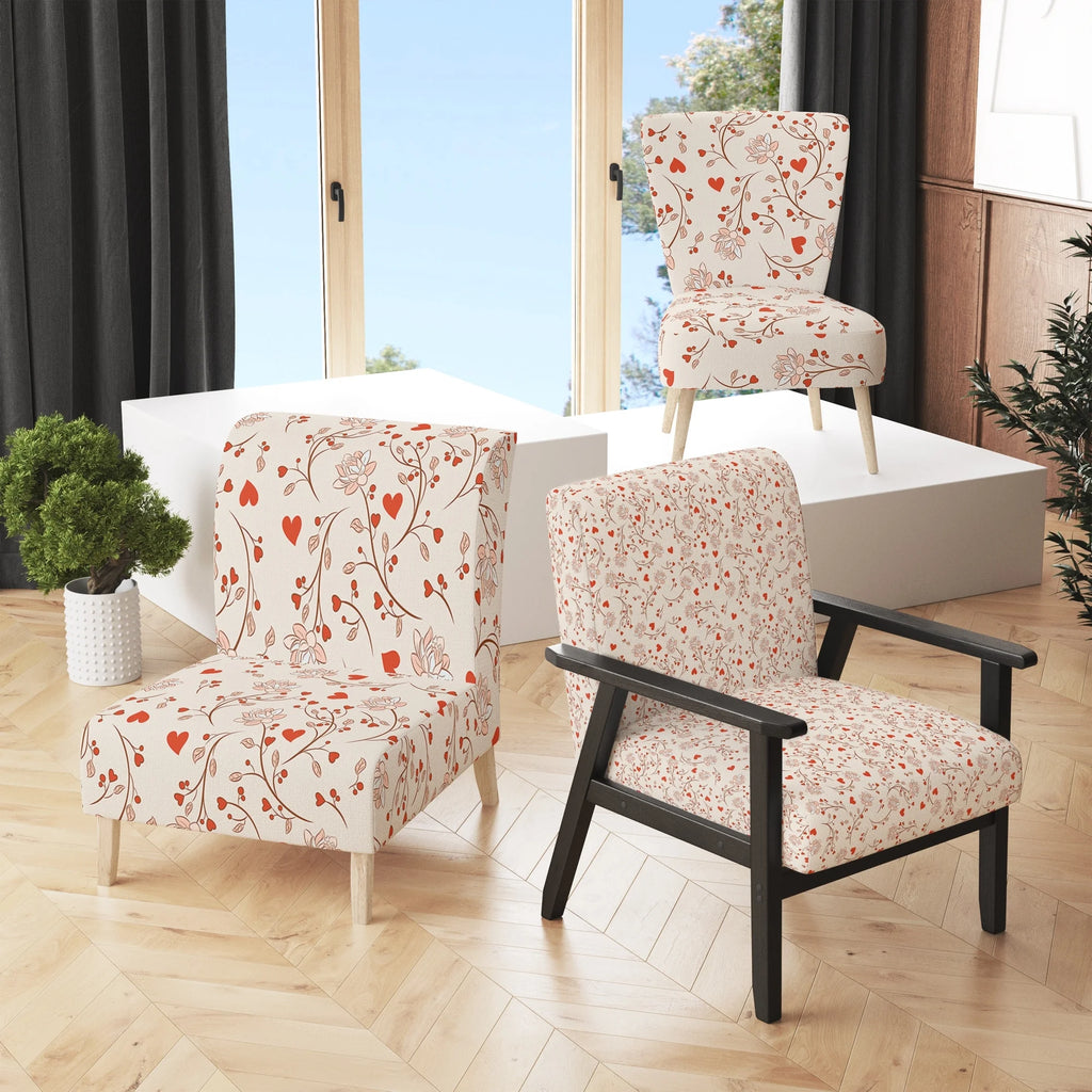 Red Vector Floral Pattern Upholstered Accent Chair and Arm Chair H276467