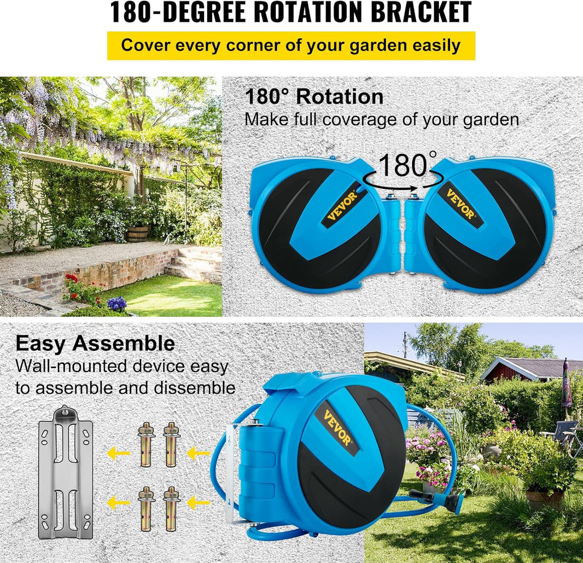 Retractable Wall Mounted Garden Hose Reel, 1/2 inch x 75 ft, Blue T909643