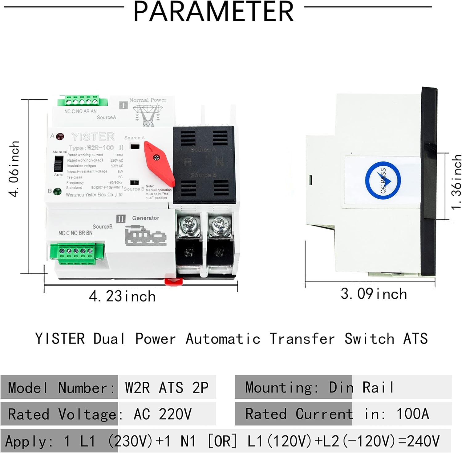 WiFi and RF433 Remote Control Dual Power Automatic Transfer Switch 16-63-100A Rated 220V 240V Din Rail Mounted Controller K73731