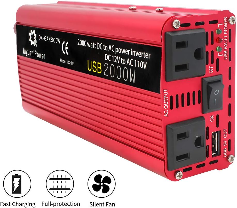 Power Inverter 1200W/2000W Peak DC to AC 12V to 110V with 3.1A USB Battery Clips Pack of 2 I19168