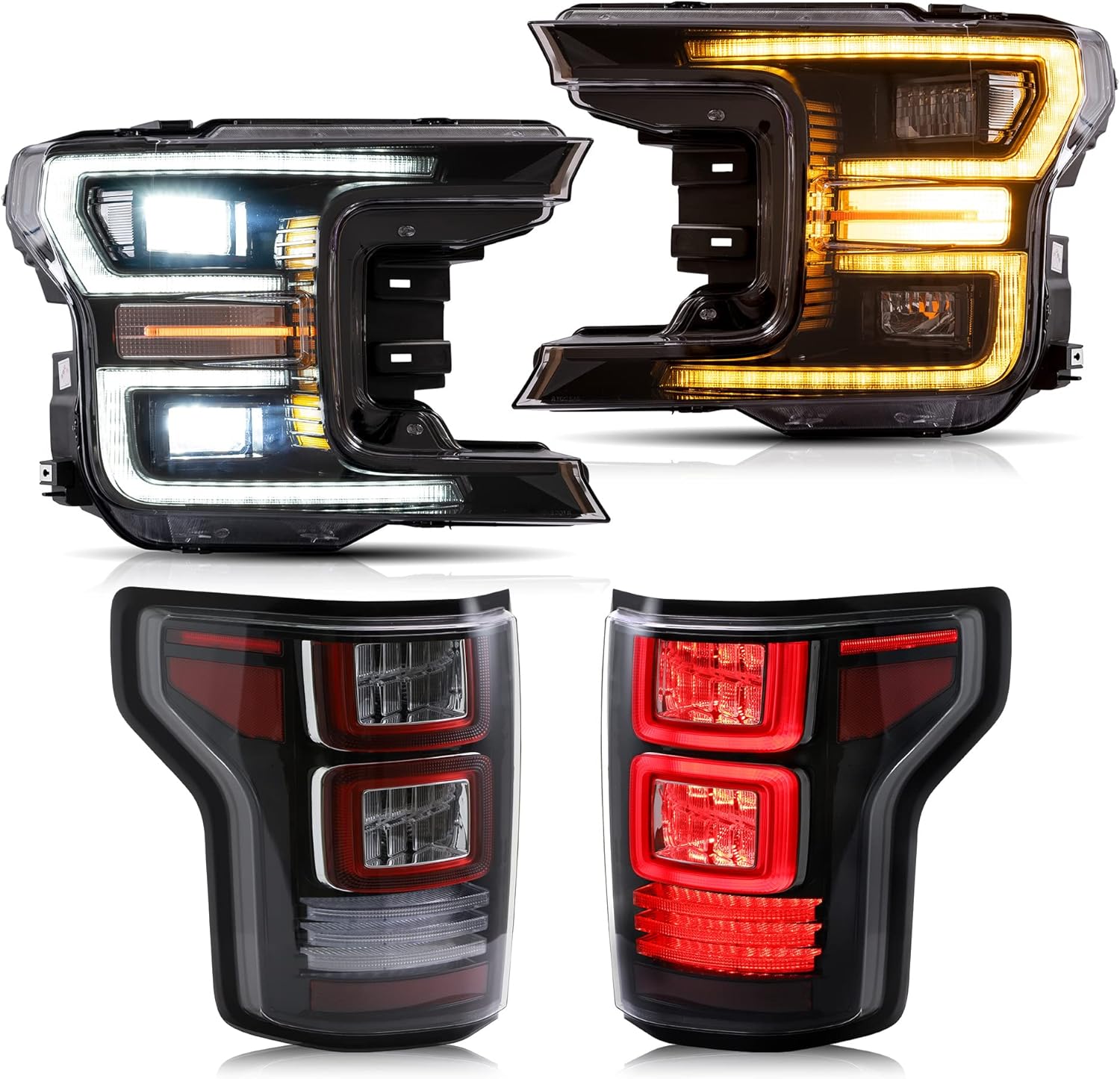 LED Projector Headlights and Clear Tail Lights with Red Turn Signal Lights for Ford F150 2018 2019 2020 V1373