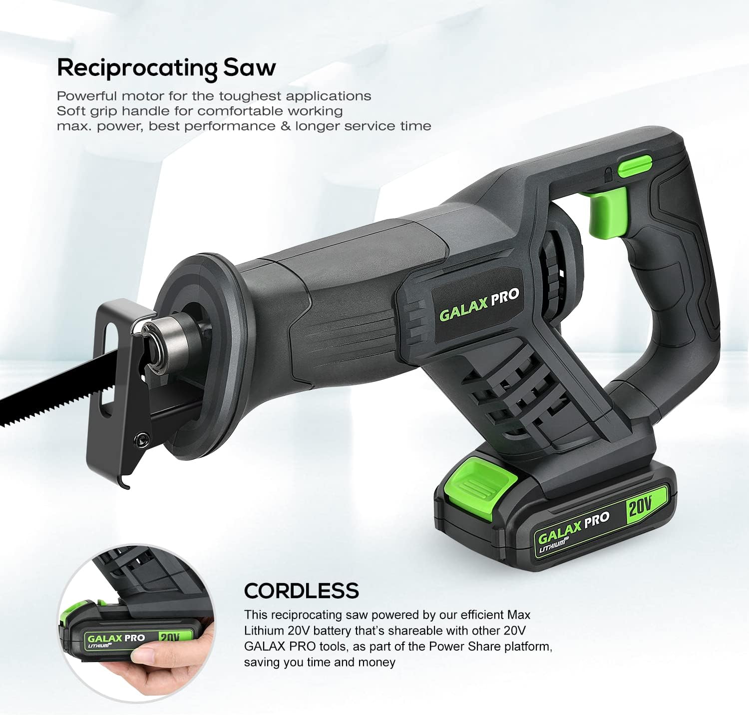 Cordless Reciprocating Saw with 20V 2.0Ah Battery, 6-inch Wood and Metal Saw Blades G9075