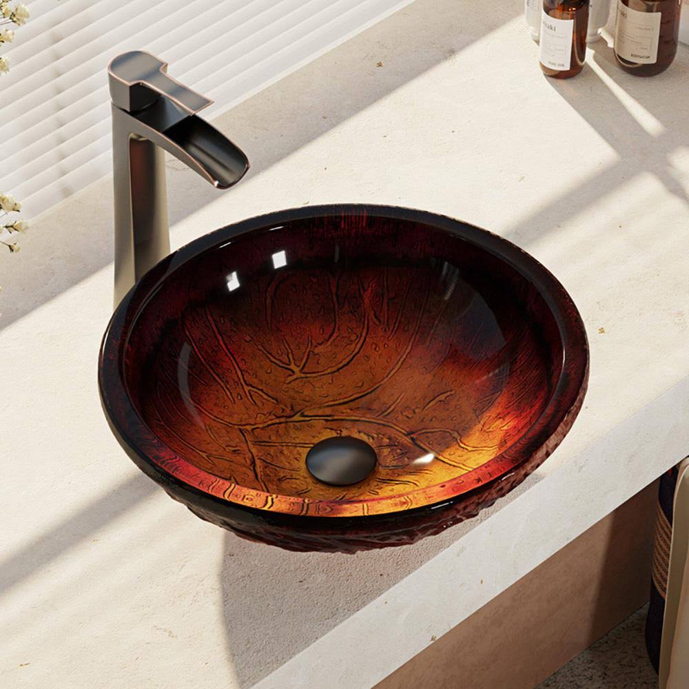 Red Lava Glass Vessel Bathroom Sink with Vessel Faucet W131229
