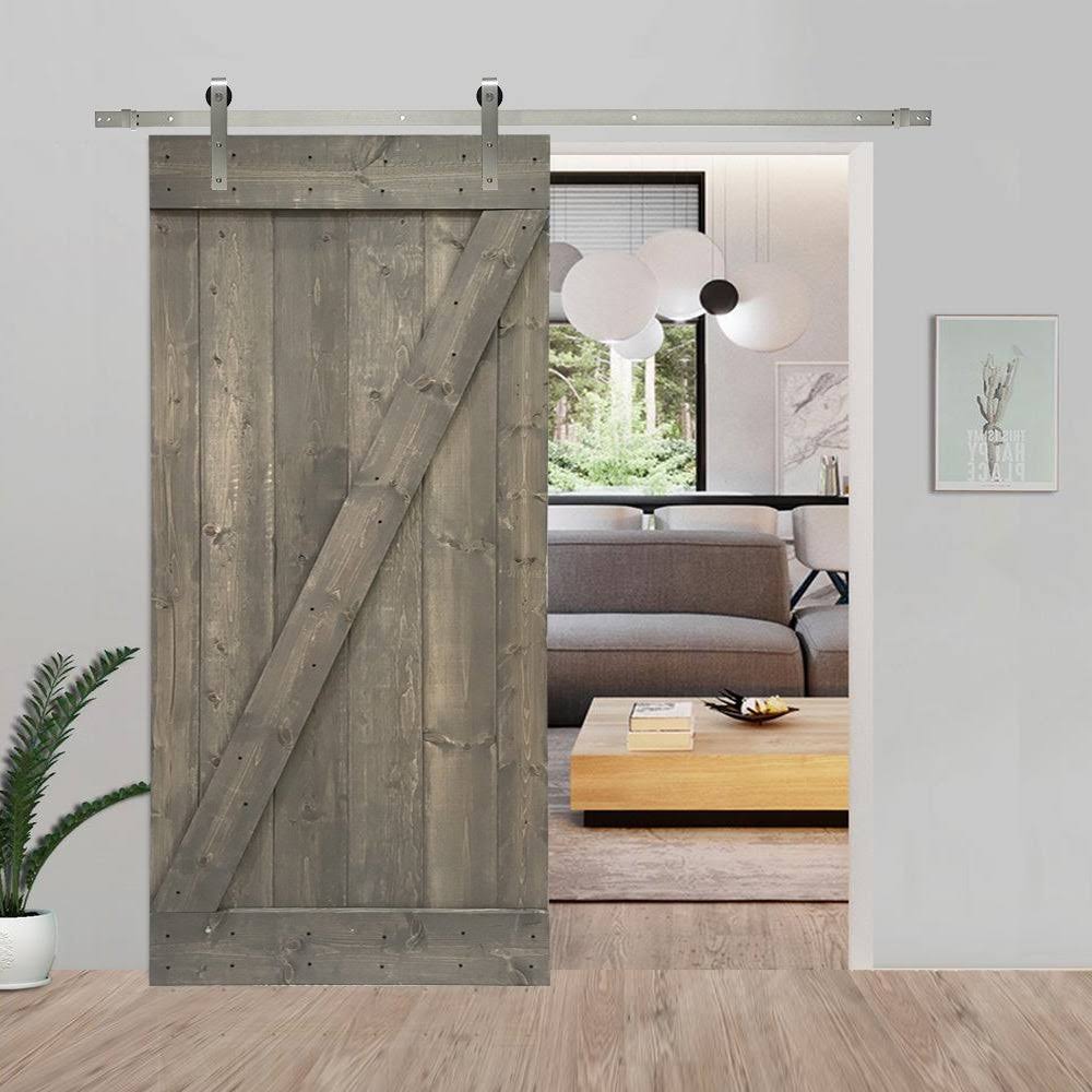 Weather Gray Stained Wood Interior Sliding Barn Door with Hardware Kit X7664