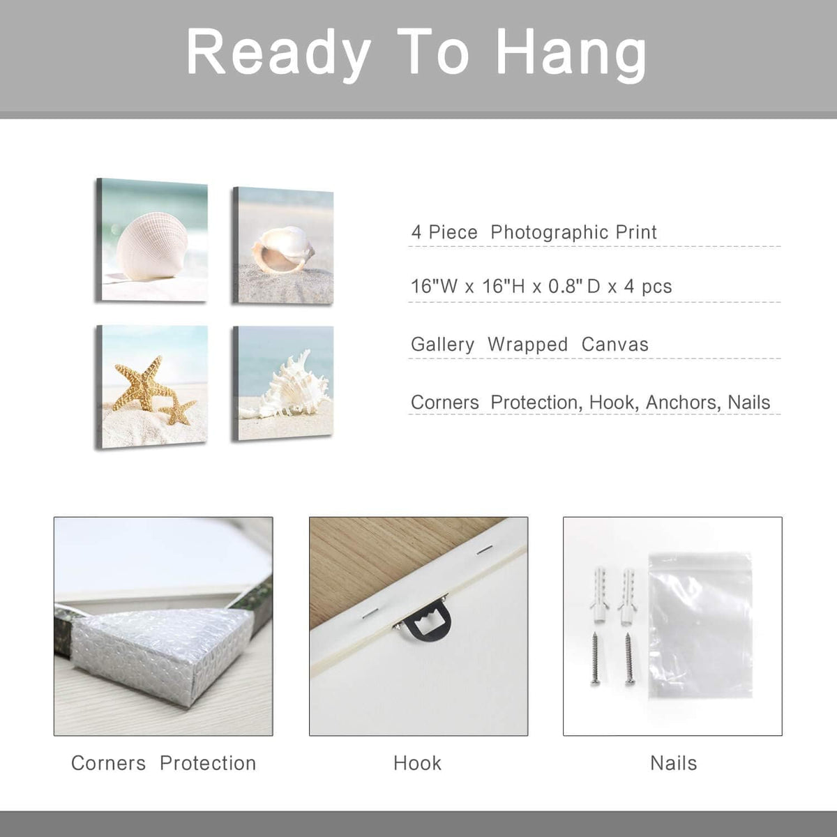 Starfish & Seashells Canvas Wall Art, 4 Pcs, Multi-Sized H20633