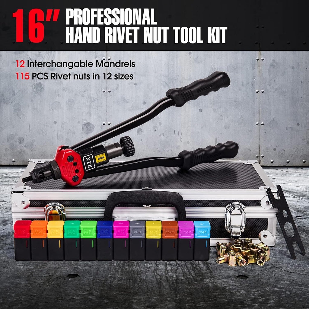 16" Hand Blind Riveter with 115PCS Rivets Nuts with Aluminum Carrying Case O103