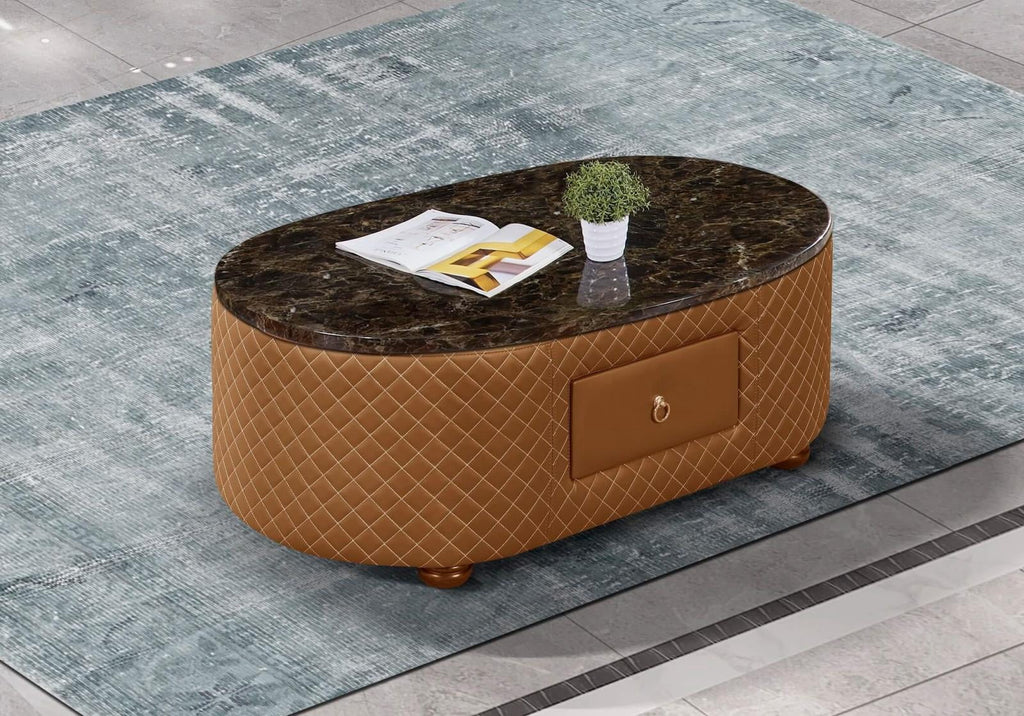 Orange Italian Leather Marble Top Coffee Table Set 2 J84949