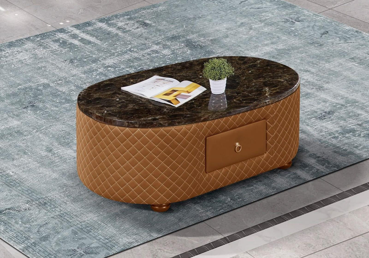 Orange Italian Leather Marble Top Coffee Table Set 2 J84949