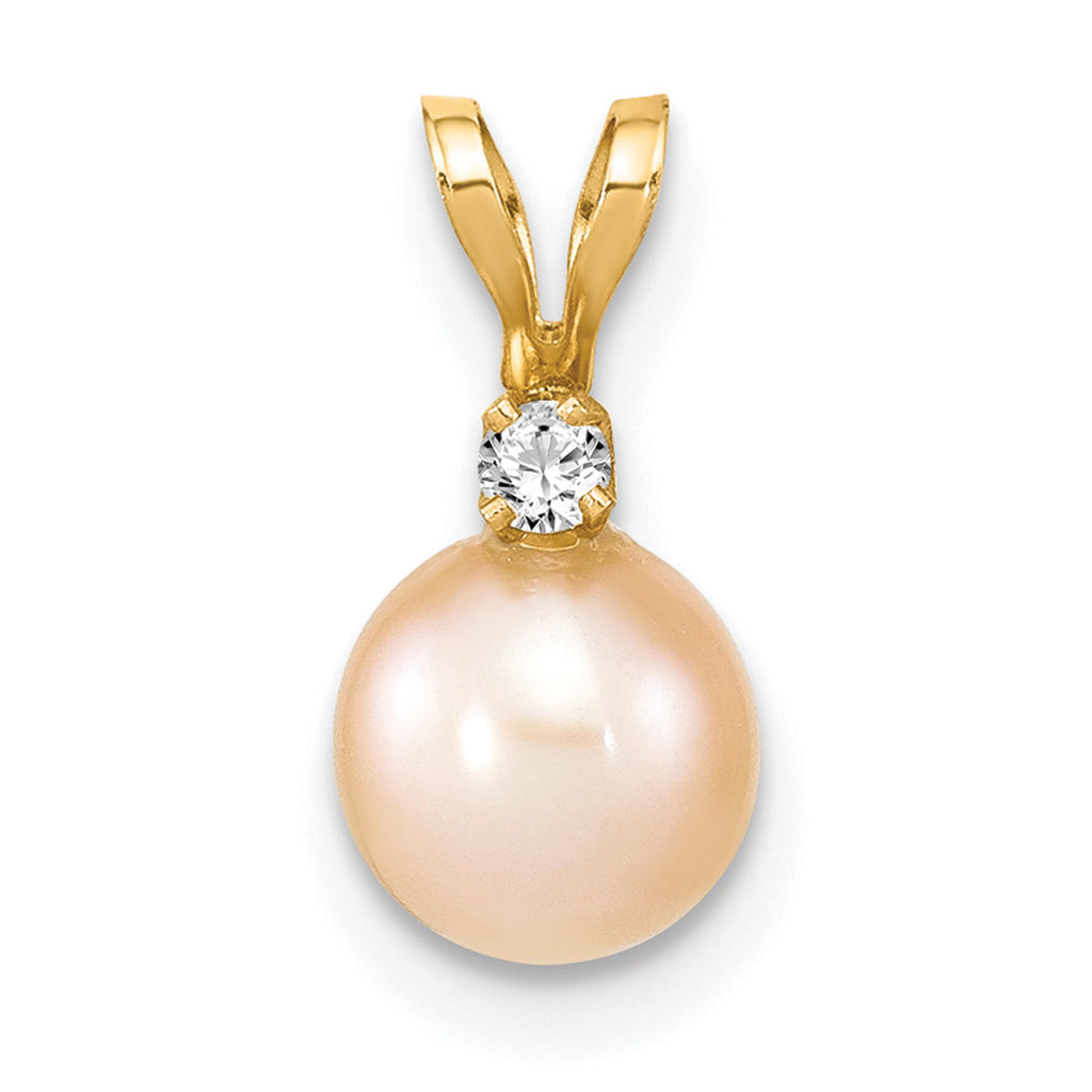 14K Yellow Gold Pink Freshwater Cultured Pearl Diamond Pendant Charm Necklace 18'' B4635