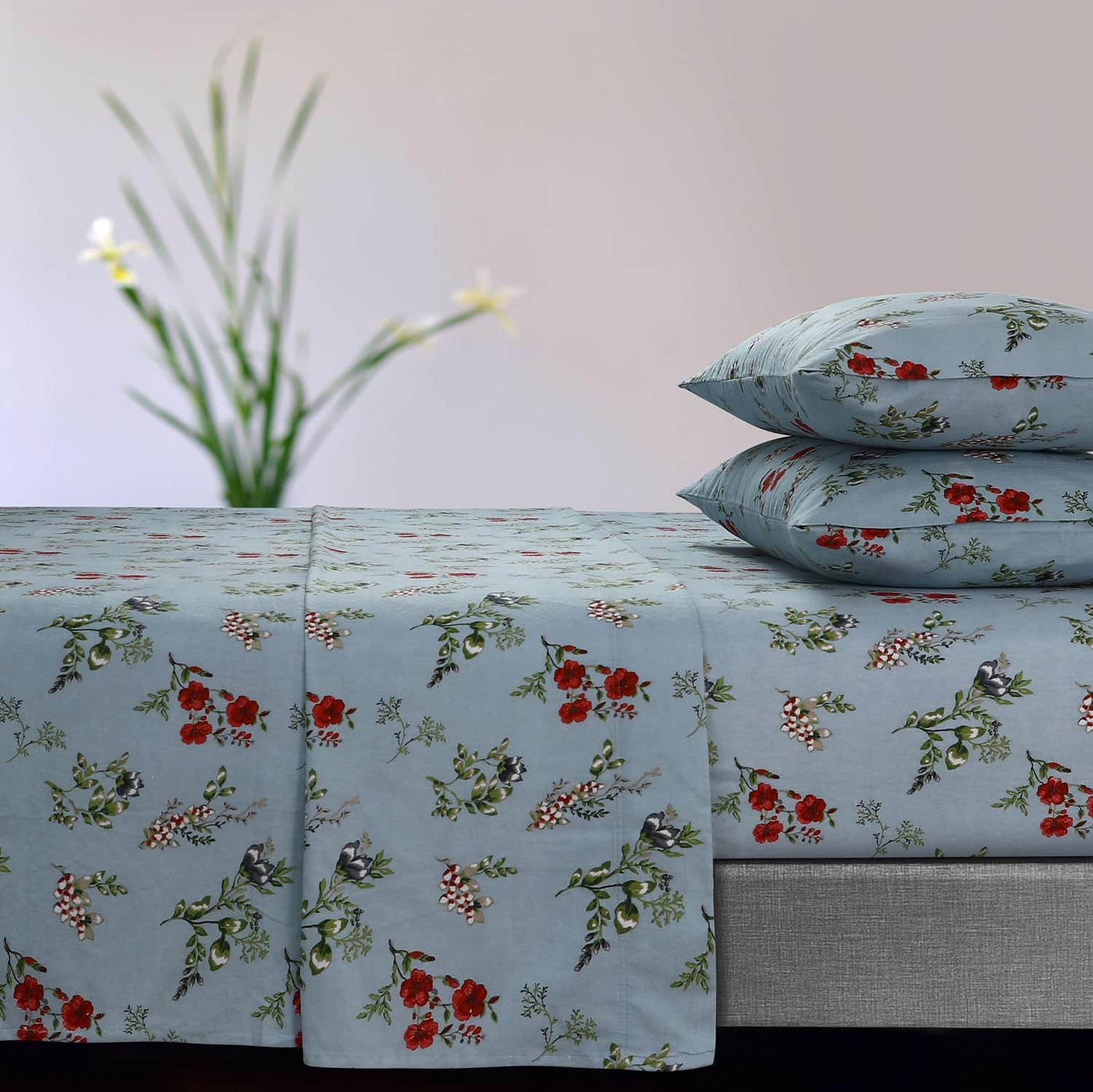 Queen Light Blue Flannel Extra Deep Pocket Sheet Set N2485