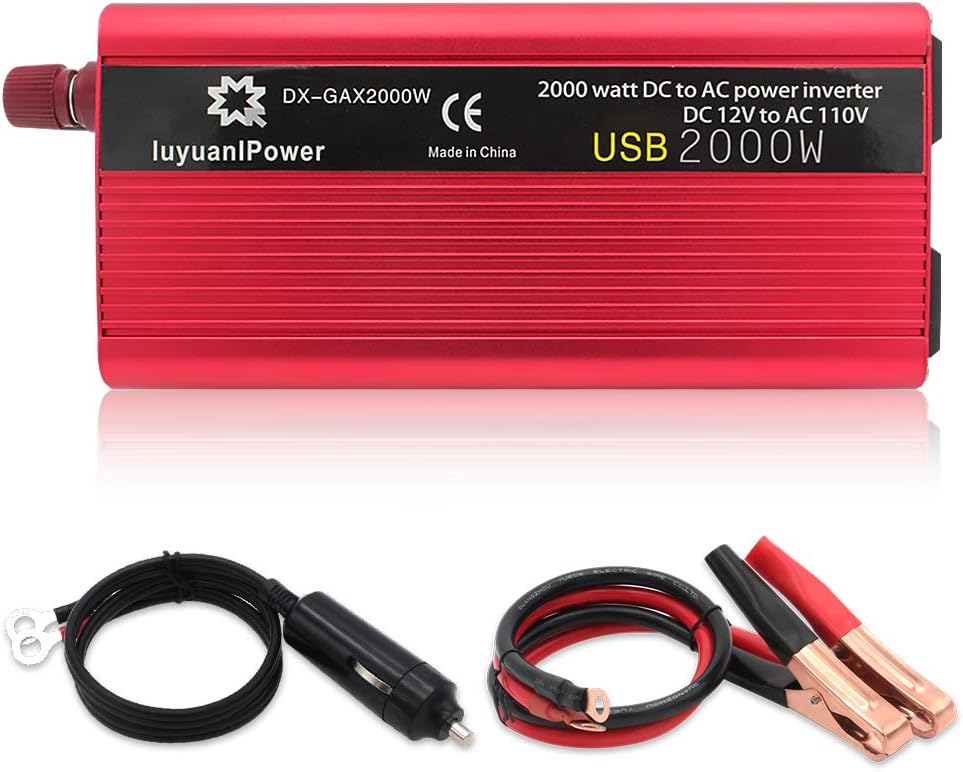 Power Inverter 1200W/2000W Peak DC to AC 12V to 110V with 3.1A USB Battery Clips Pack of 2 I19168