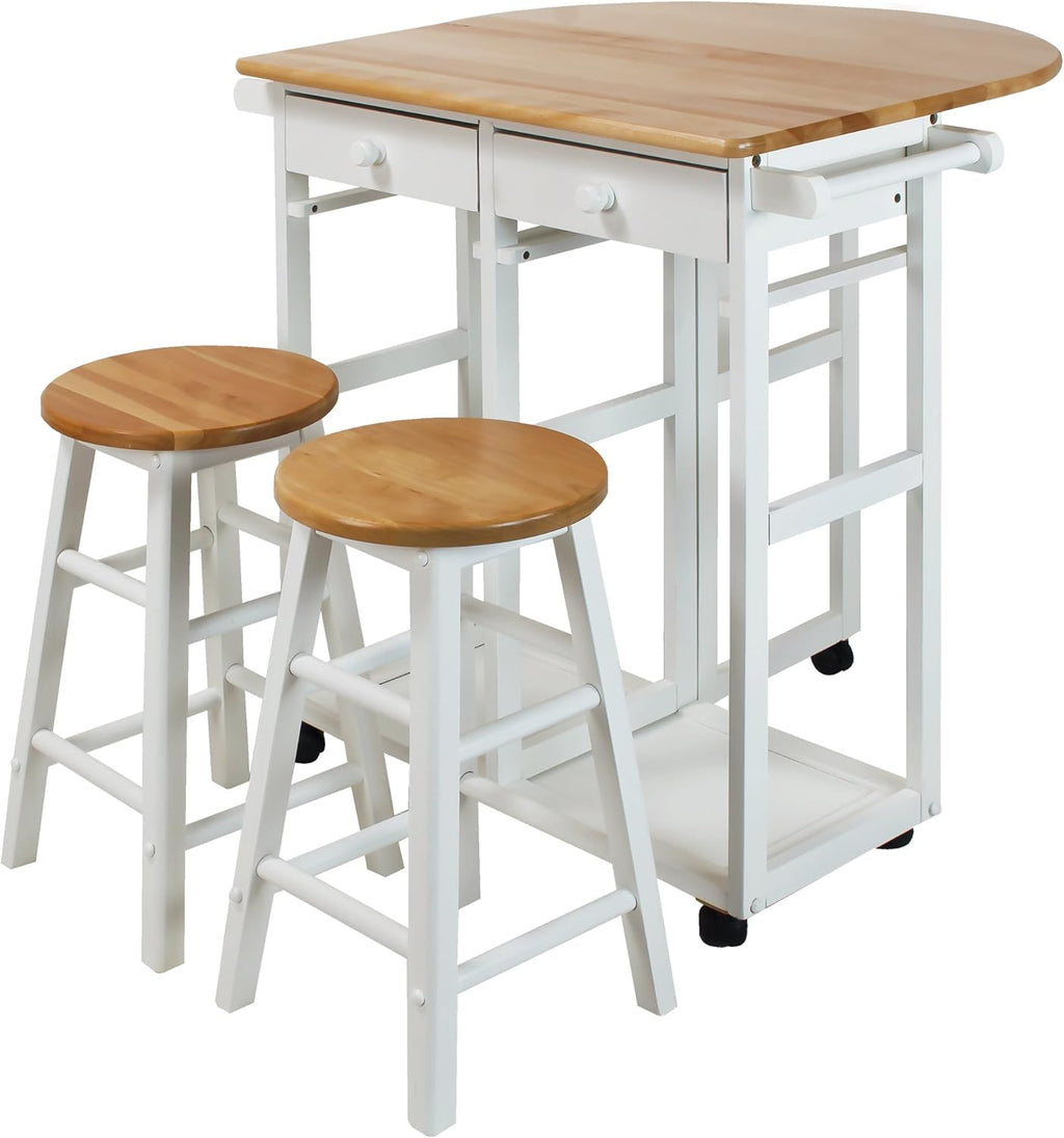 White Drop Leaf Breakfast Cart with 2 Stools S156