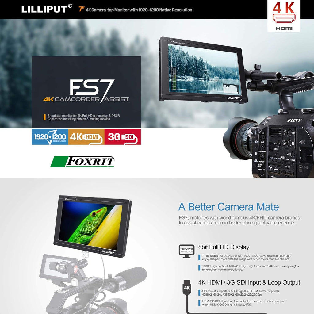 7 inch Full HD 1920x1200 4K HDMI 3G-SDI On Camera Field Display Monitor with Battery and Charger I6812