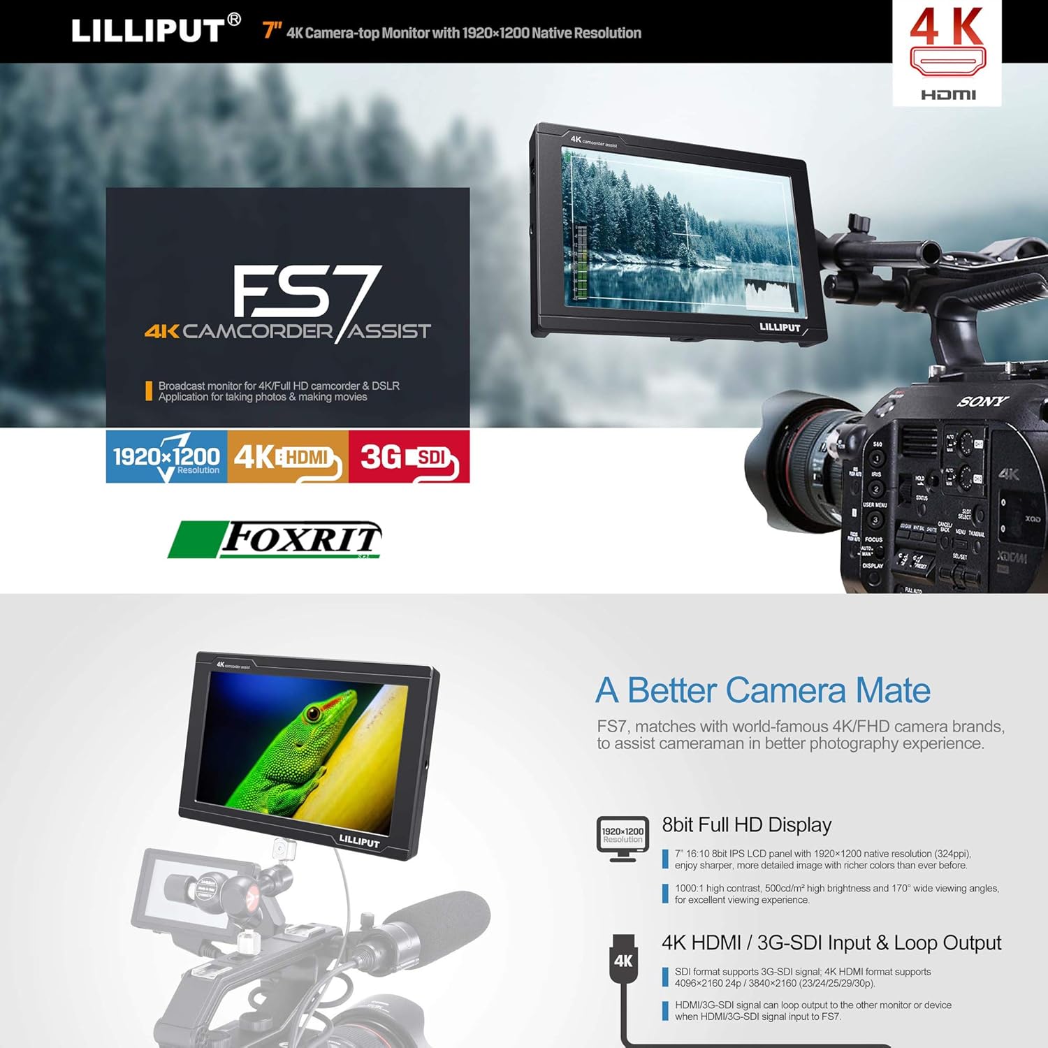 7 inch Full HD 1920x1200 4K HDMI 3G-SDI On Camera Field Display Monitor with Battery and Charger I6812