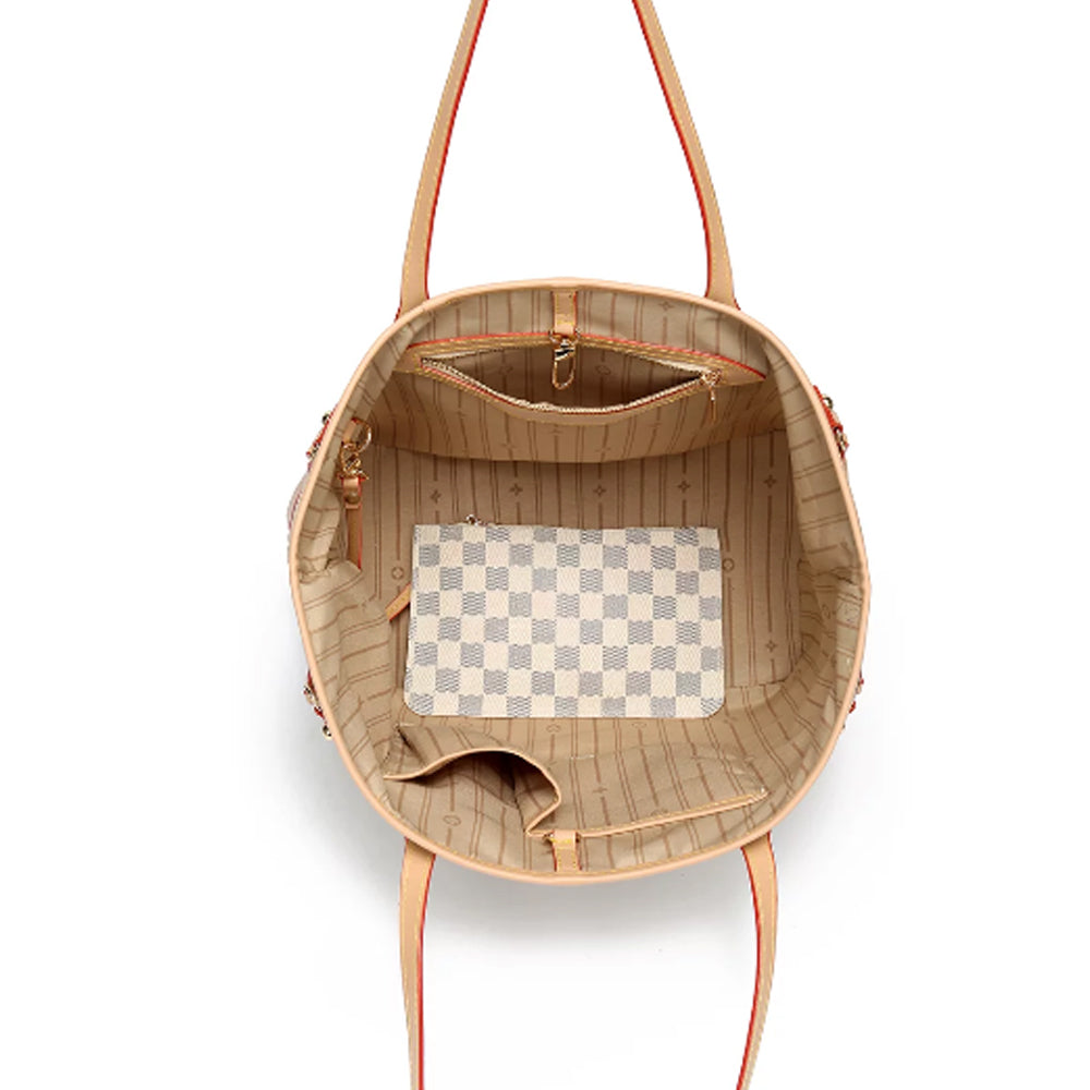 Checkered PU Leather Tote Bag with Inner Pouch E834135