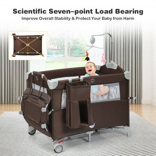 Beige Portable Baby Bassinet Crib Playard with Diaper Changer D833