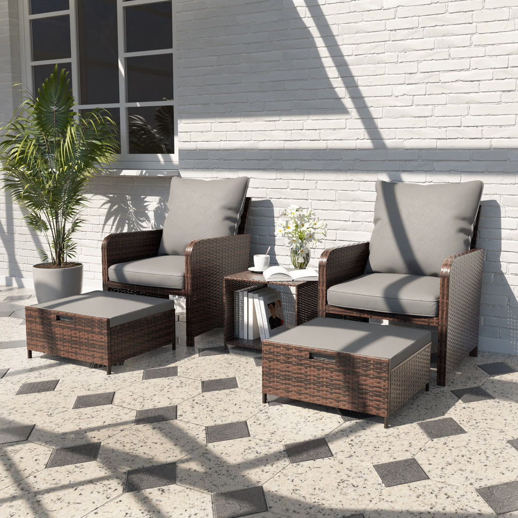 5 Piece Gray Rattan Patio Conversation Set with Ottomans and Storage Coffee Table R652
