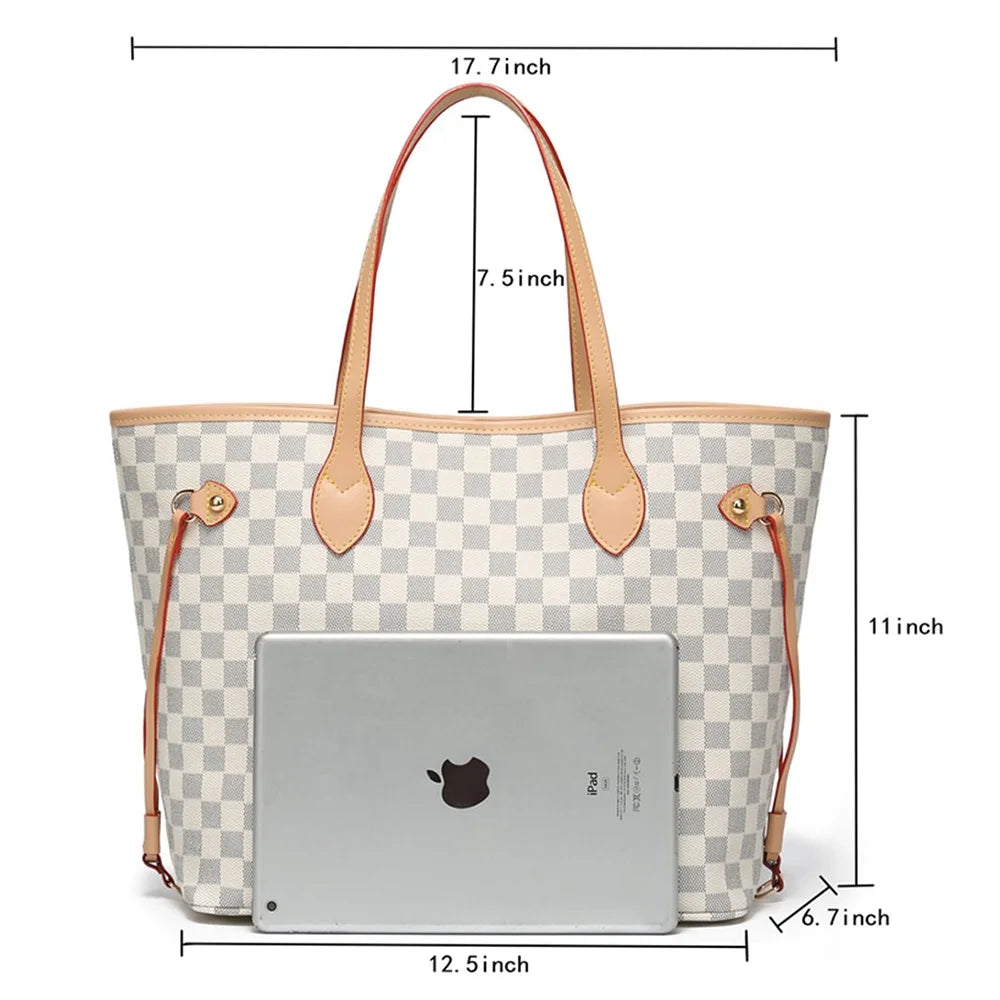 Checkered PU Leather Tote Bag with Inner Pouch E834135