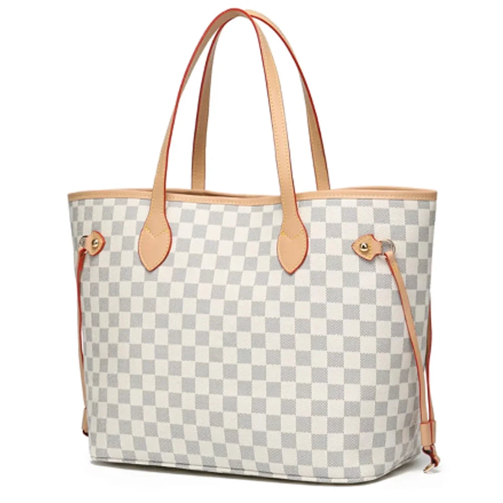 Checkered PU Leather Tote Bag with Inner Pouch E834135