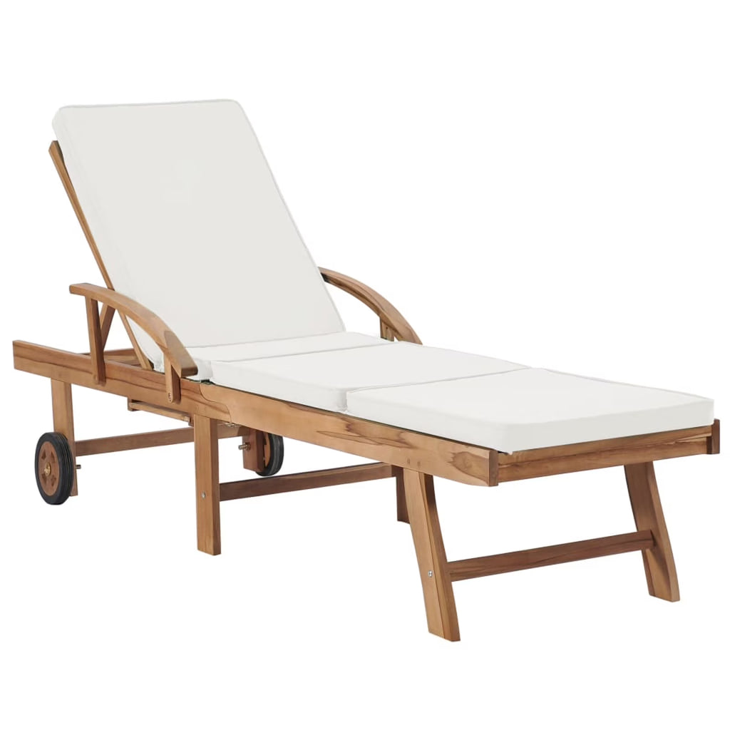 Cream Cushioned Teak Wood Chaise Lounge Chair with Sliding Table and Wheels P78251