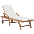 Cream Cushioned Teak Wood Chaise Lounge Chair with Sliding Table and Wheels P78251