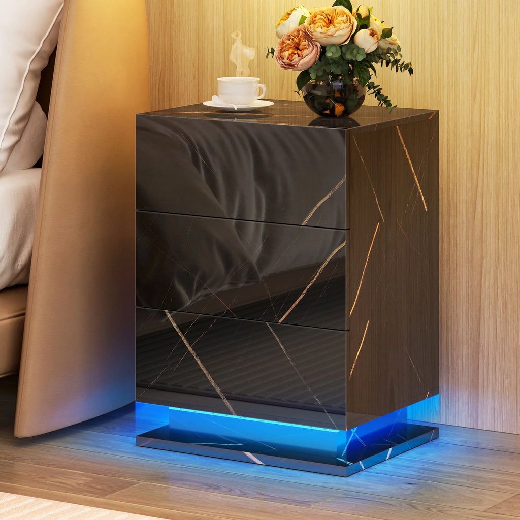 Set of 2 LED Nightstand with Drawer, Marble Black O173319