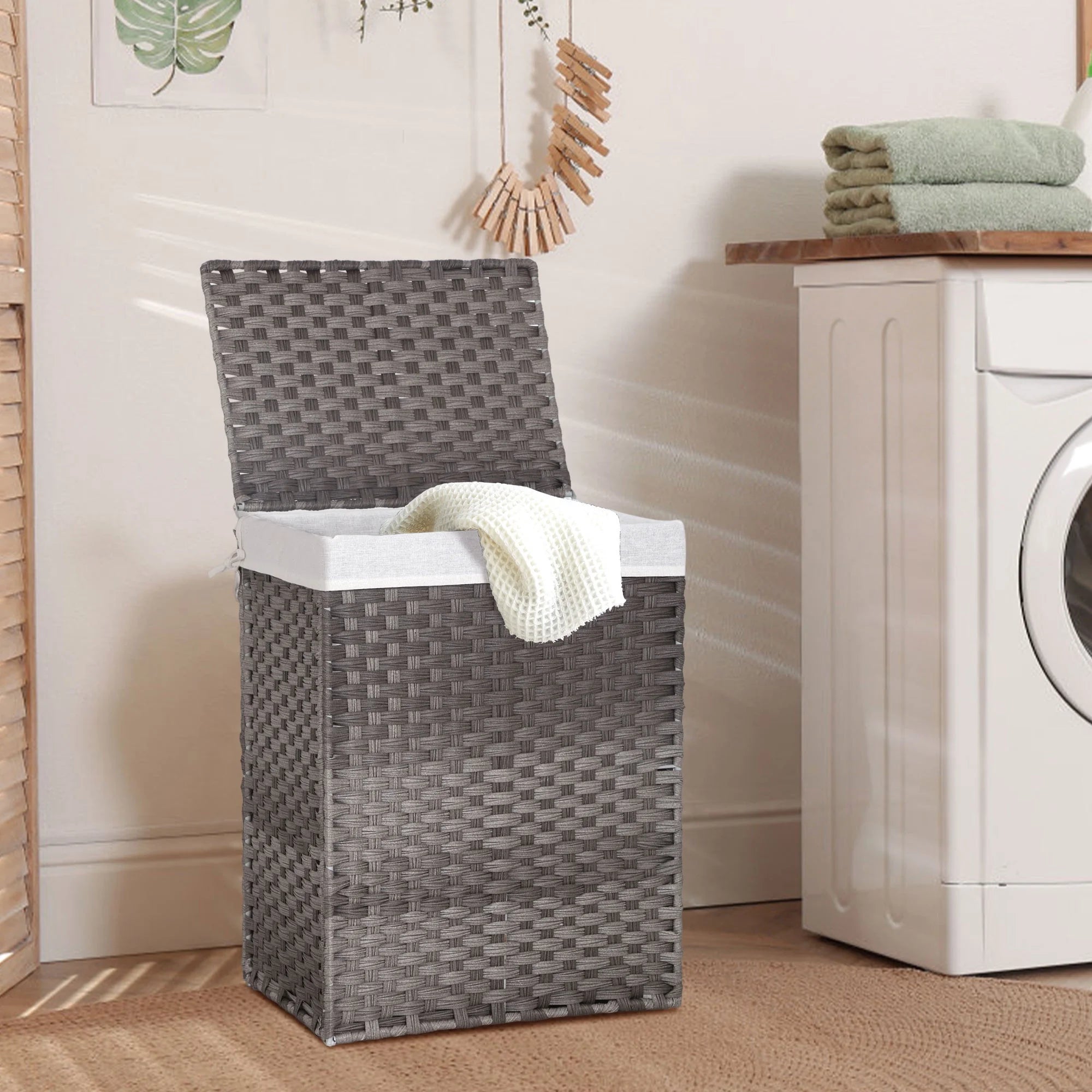 Divided Laundry Hamper 90L/110L Synthetic Rattan Handwoven Double Sorter with Liner Bags Foldable Grey H31760