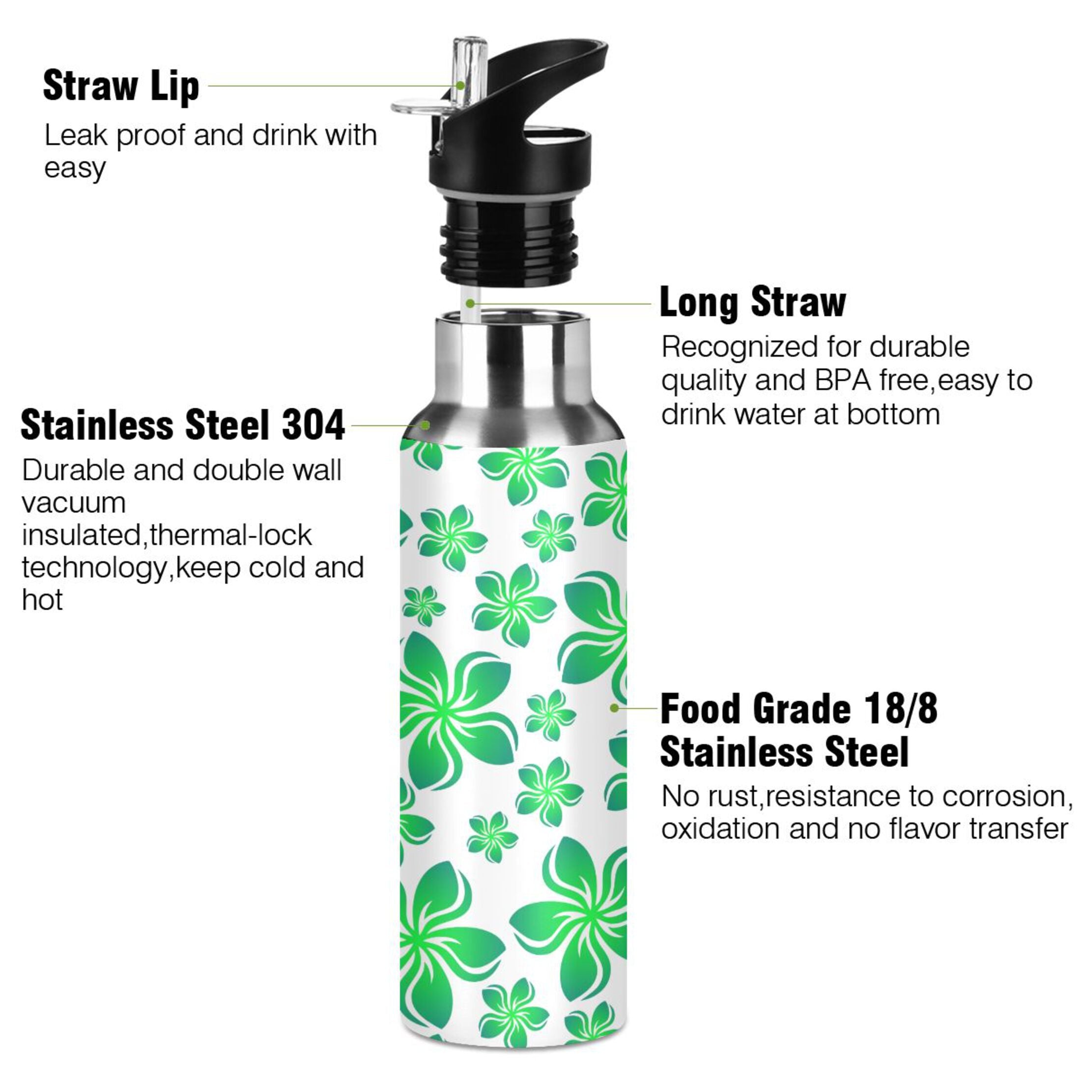 Green Stainless Steel Insulated Water Bottle with Straw Lid D71482