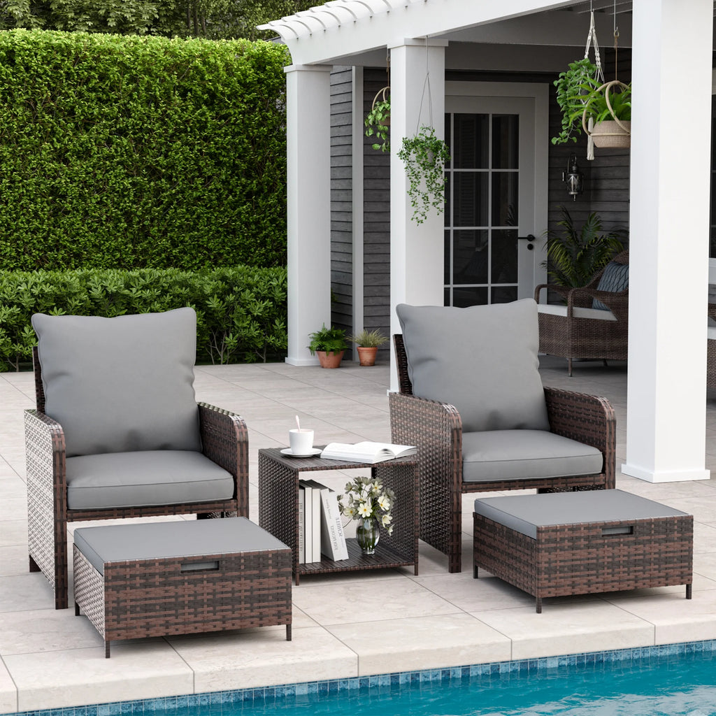 5 Piece Gray Rattan Patio Conversation Set with Ottomans and Storage Coffee Table R652