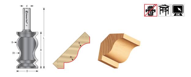 Carbide Tipped Crown Molding 17/32 x 17/32 Radius x 1-1/4 Dia x 2-1/4 x 1/2 inch Shank P844616