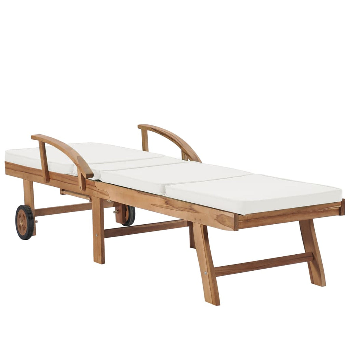 Cream Cushioned Teak Wood Chaise Lounge Chair with Sliding Table and Wheels P78251