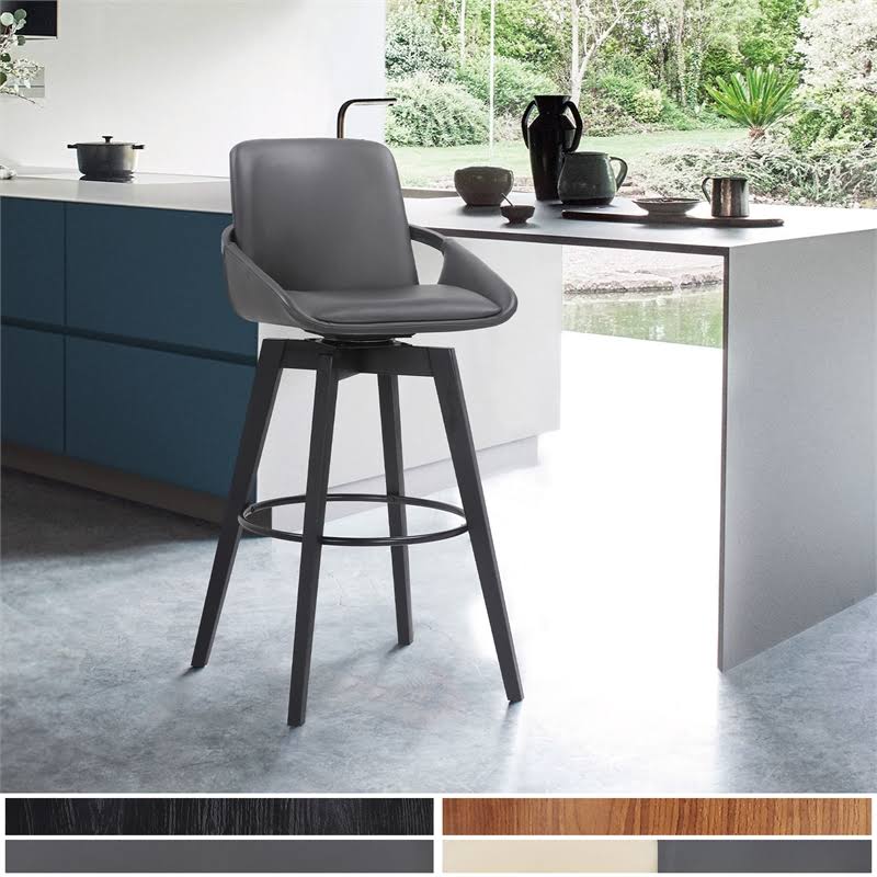 Swivel Wood Bar or Counter Height Stool in Faux Leather I51981