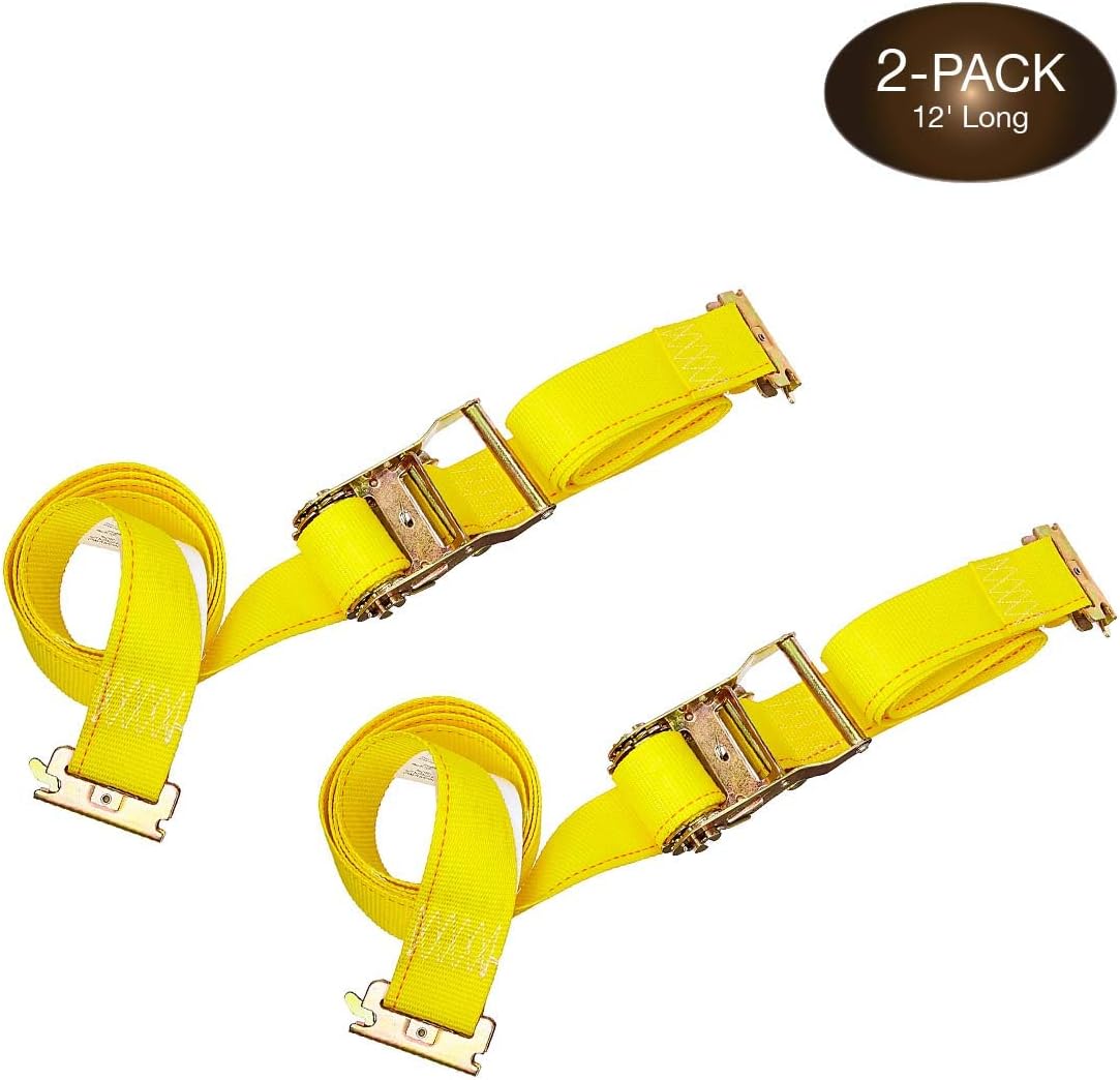 2 x 12 Heavy Duty Yellow Polyester Ratcheting Tie-Down Straps with E-Track Spring Fittings P7150