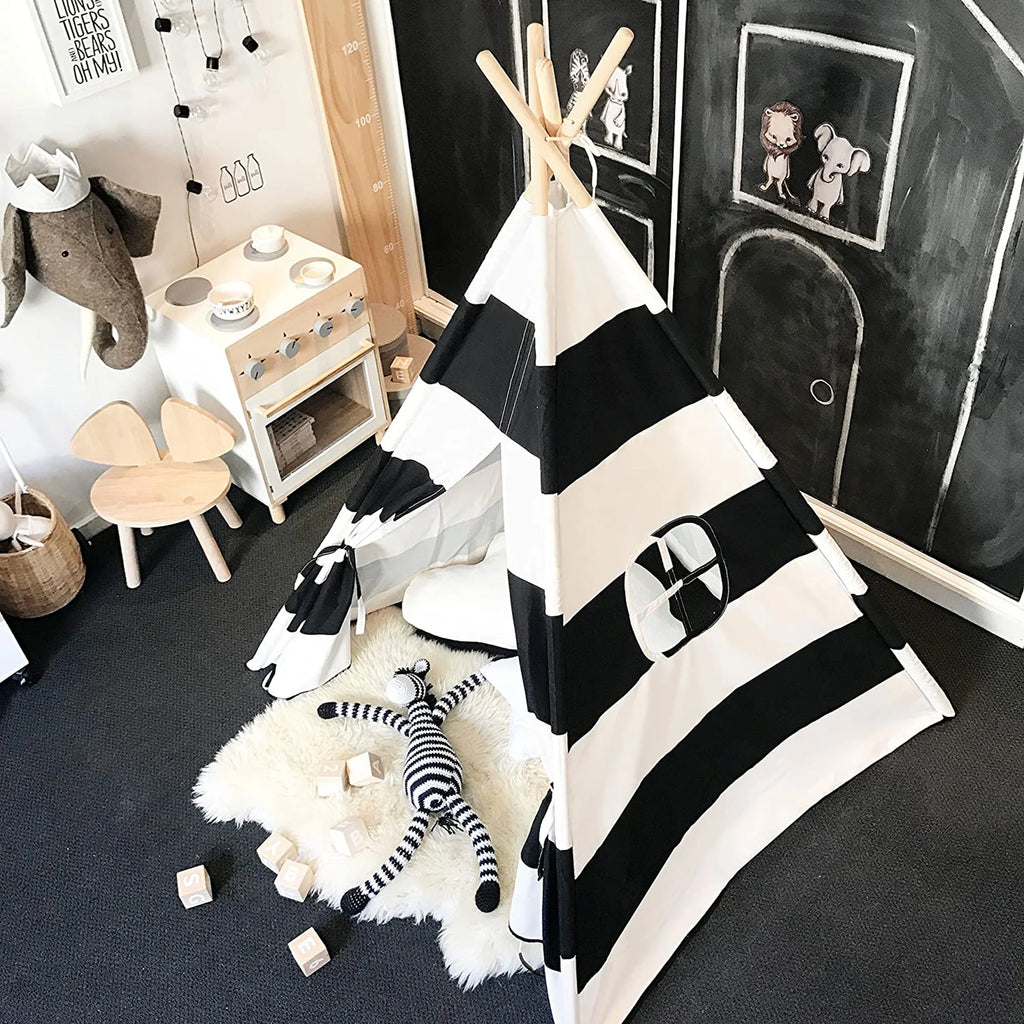 Black White Striped Kids Teepee Canvas Tent Playhouse F331388
