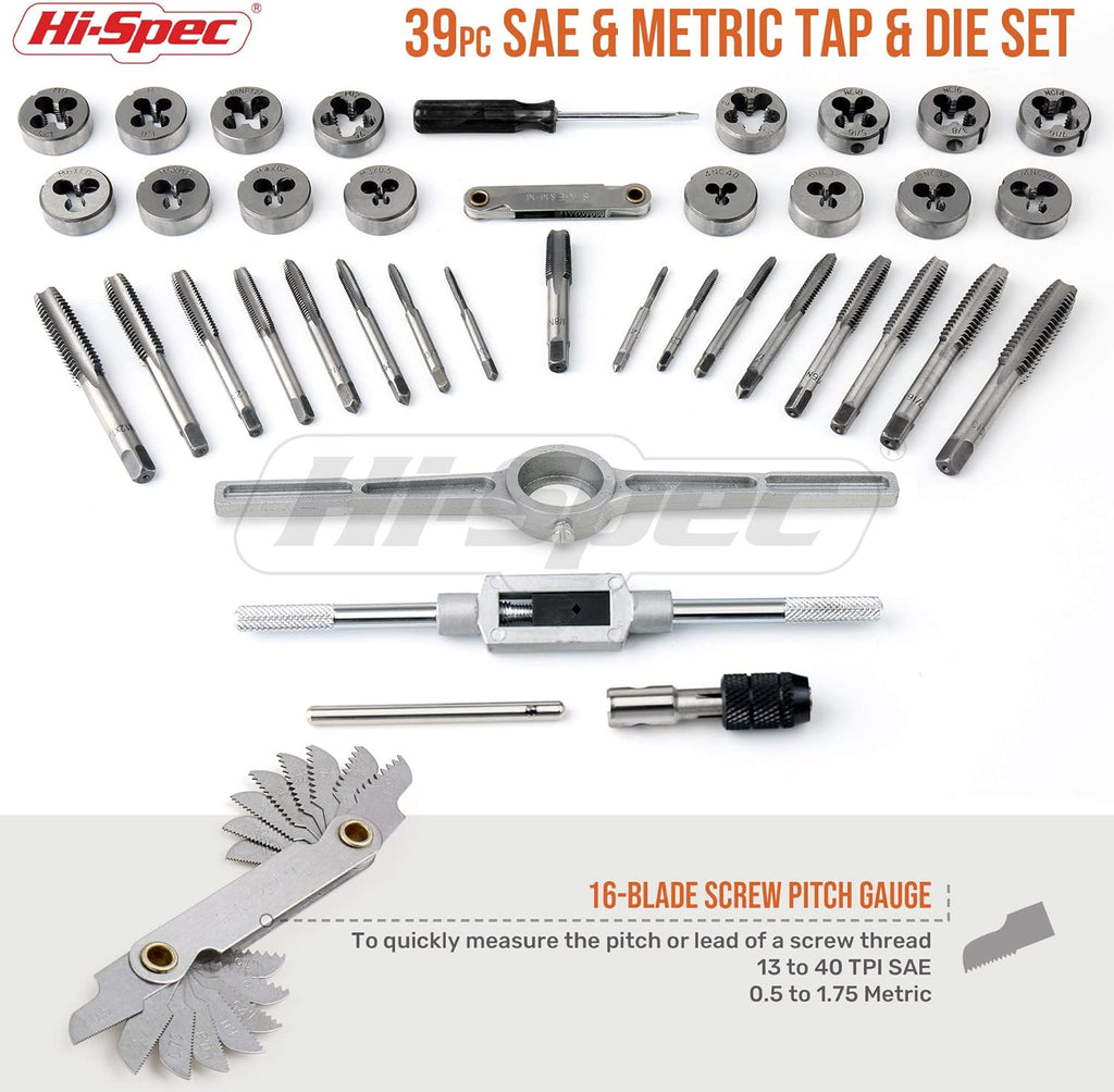 39 Piece SAE & Metric Tap & Die Set with Screw Pitch Gauge in Tray Case T6221
