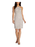 Beige Embellished Fringed Halter Knee Length Cocktail Sheath Dress J96925