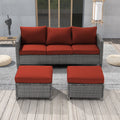 Red 3-Piece Rattan Patio Sofa Set with Ottomans B26751