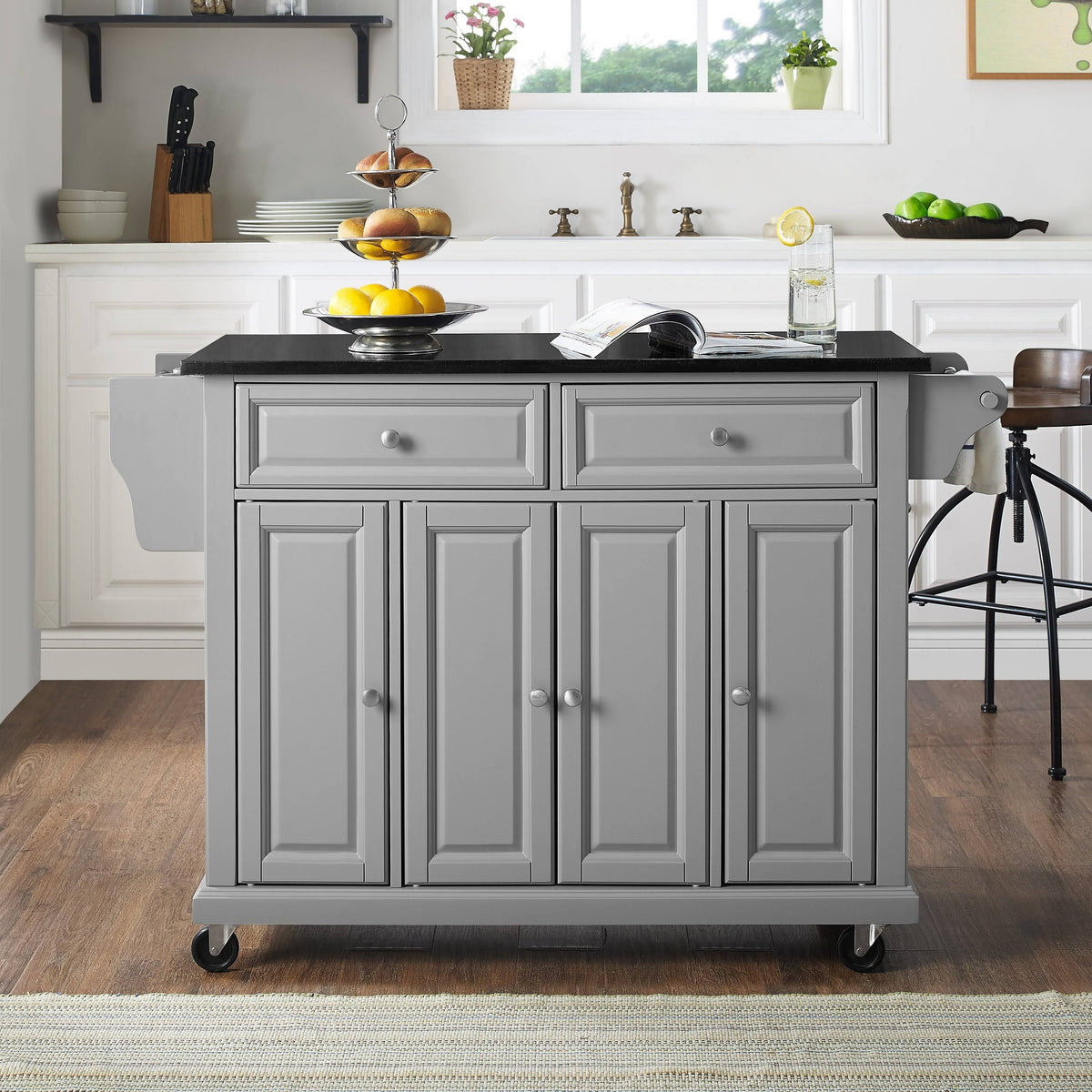 Solid Black Granite Top Kitchen Cart Island E300