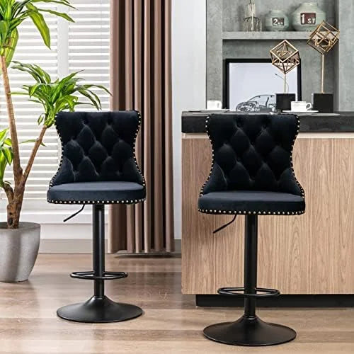 Modern Swivel Stools Set of 2 with Black Base Adjustable Upholstered Armless Hydraulic Counter Height Stool with Mid Back and Footrest N964