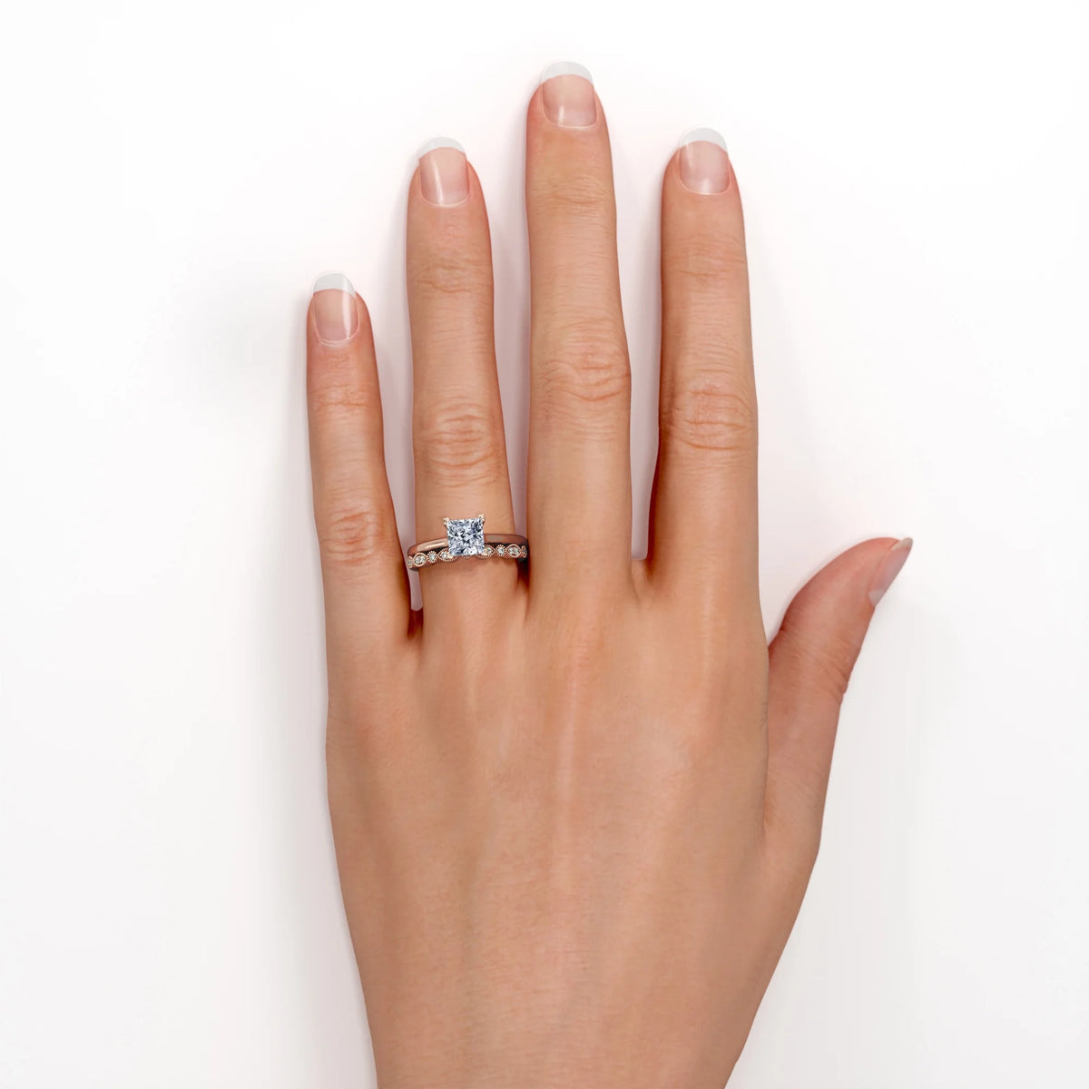 4 Prong Princess Cut Milgrain Filigree Wedding Set 18K Rose Gold Plating over Silver M3811