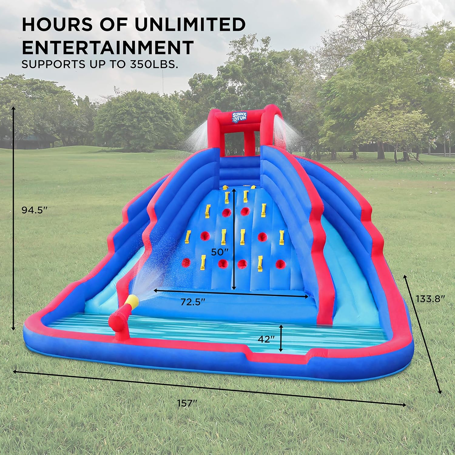 Inflatable Water Slide Park with Climbing Wall, Two Slides & Splash Pool, Nylon, with Air Pump & Carrying Case N60220